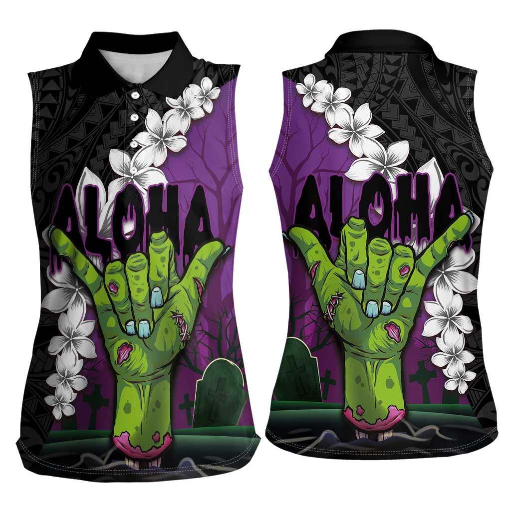 Hawaiian Halloween Women Sleeveless Polo Shirt Horror Shaka Hand with Plumeria and Polynesian Tattoo Midnight Color LT03 - Polynesian Pride