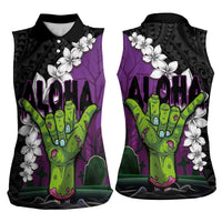 Hawaiian Halloween Women Sleeveless Polo Shirt Horror Shaka Hand with Plumeria and Polynesian Tattoo Midnight Color LT03 - Polynesian Pride