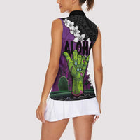 Hawaiian Halloween Women Sleeveless Polo Shirt Horror Shaka Hand with Plumeria and Polynesian Tattoo Midnight Color LT03 - Polynesian Pride