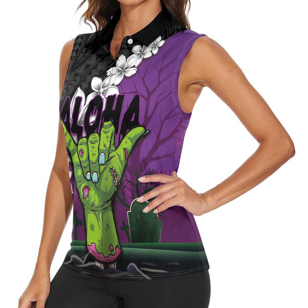 Hawaiian Halloween Women Sleeveless Polo Shirt Horror Shaka Hand with Plumeria and Polynesian Tattoo Midnight Color LT03 - Polynesian Pride