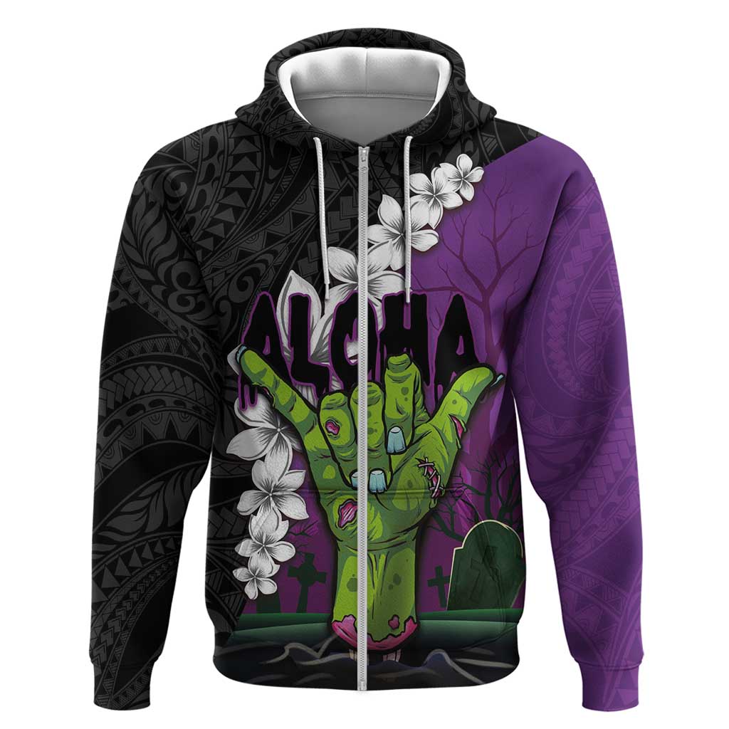 Hawaiian Halloween Zip Hoodie Horror Shaka Hand with Plumeria and Polynesian Tattoo Midnight Color LT03 Zip Hoodie Purple - Polynesian Pride