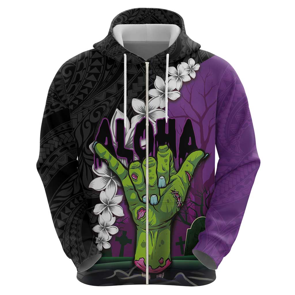 Hawaiian Halloween Zip Hoodie Horror Shaka Hand with Plumeria and Polynesian Tattoo Midnight Color LT03 - Polynesian Pride