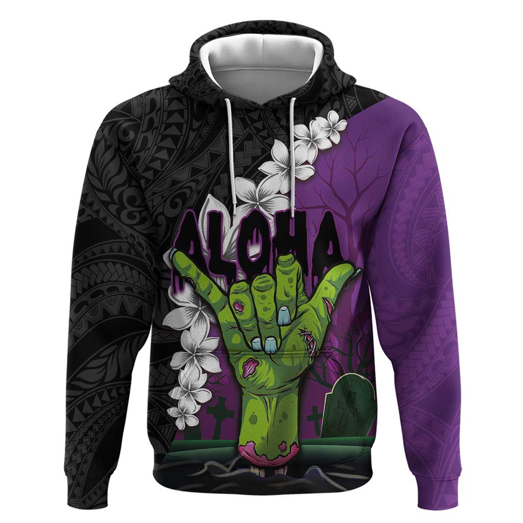 Hawaiian Halloween Zip Hoodie Horror Shaka Hand with Plumeria and Polynesian Tattoo Midnight Color LT03 Pullover Hoodie Purple - Polynesian Pride