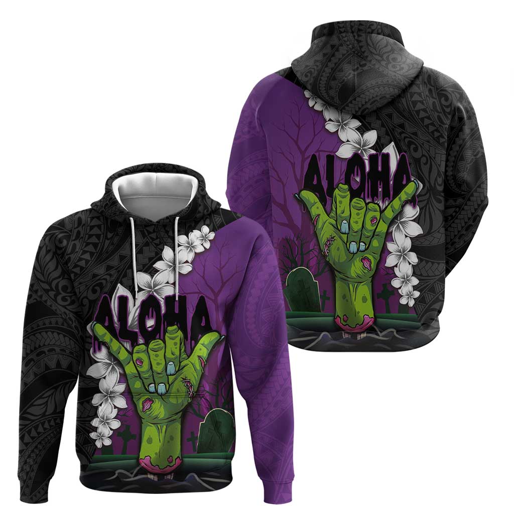 Hawaiian Halloween Zip Hoodie Horror Shaka Hand with Plumeria and Polynesian Tattoo Midnight Color LT03 - Polynesian Pride