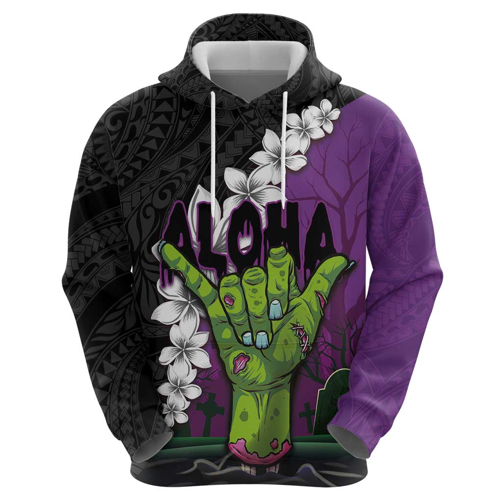 Hawaiian Halloween Zip Hoodie Horror Shaka Hand with Plumeria and Polynesian Tattoo Midnight Color LT03 - Polynesian Pride