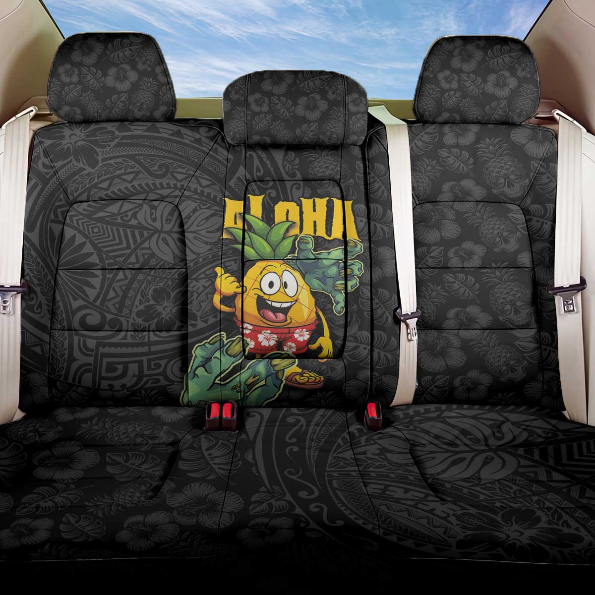 Hawaiian Halloween Back Car Seat Cover Aloha Pinapple with Mysterious Hands and Polynesian Tribal Tattoo