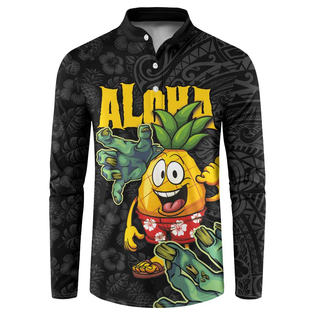 Hawaiian Halloween Button Sweatshirt Aloha Pinapple with Mysterious Hands and Polynesian Tribal Tattoo