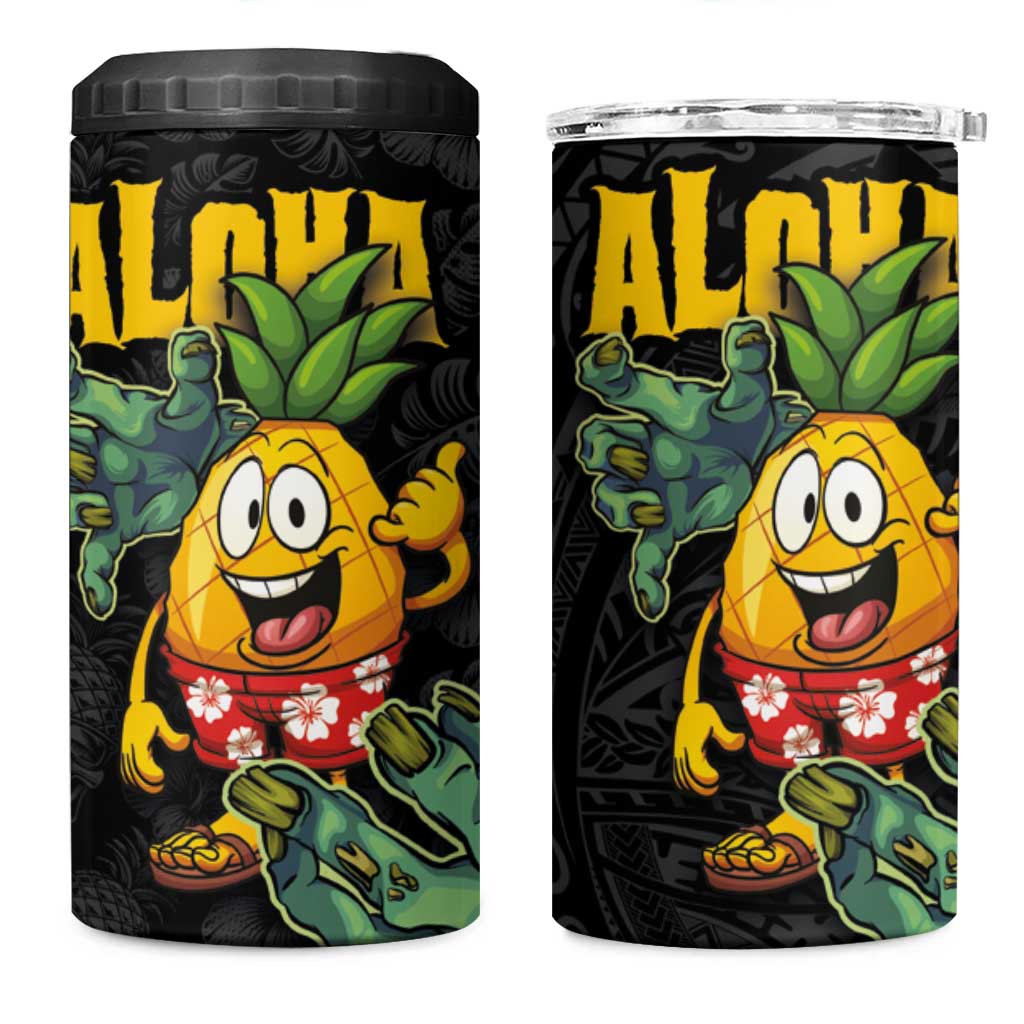 Hawaiian Halloween 4 in 1 Can Cooler Tumbler Aloha Pinapple with Mysterious Hands and Polynesian Tribal Tattoo