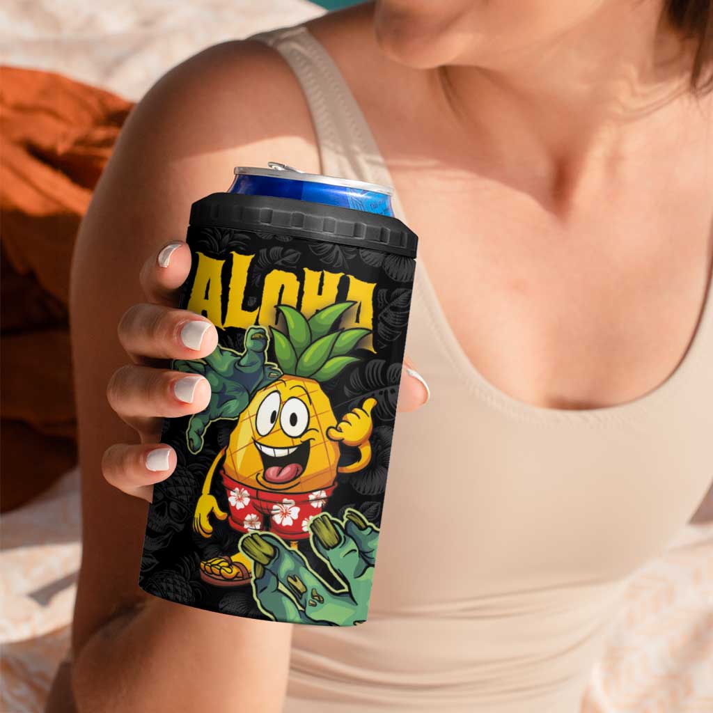 Hawaiian Halloween 4 in 1 Can Cooler Tumbler Aloha Pinapple with Mysterious Hands and Polynesian Tribal Tattoo
