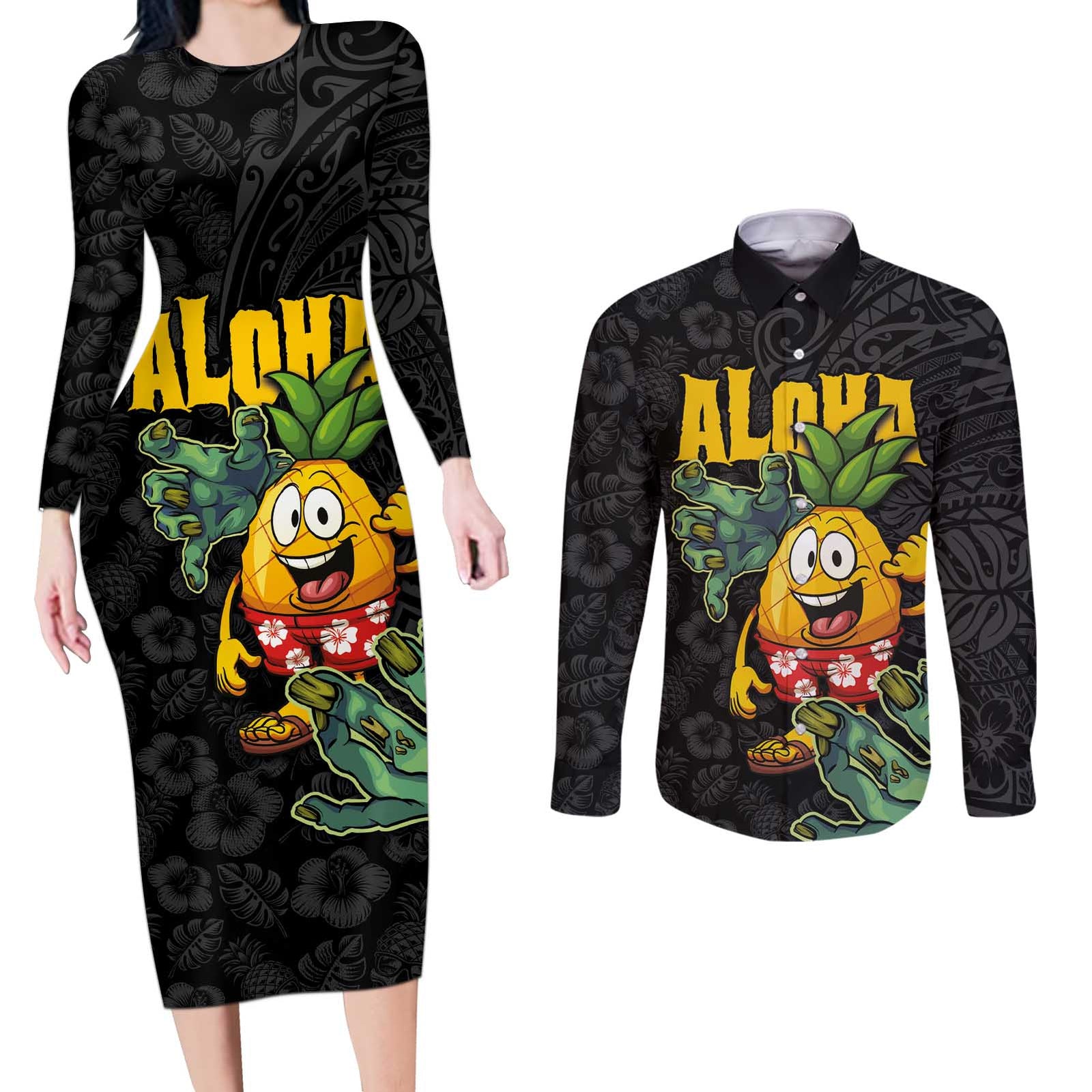 Hawaiian Halloween Couples Matching Long Sleeve Bodycon Dress and Long Sleeve Button Shirt Aloha Pinapple with Mysterious Hands and Polynesian Tribal Tattoo