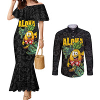 Hawaiian Halloween Couples Matching Mermaid Dress and Long Sleeve Button Shirt Aloha Pinapple with Mysterious Hands and Polynesian Tribal Tattoo