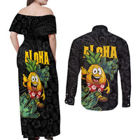 Hawaiian Halloween Couples Matching Off Shoulder Maxi Dress and Long Sleeve Button Shirt Aloha Pinapple with Mysterious Hands and Polynesian Tribal Tattoo