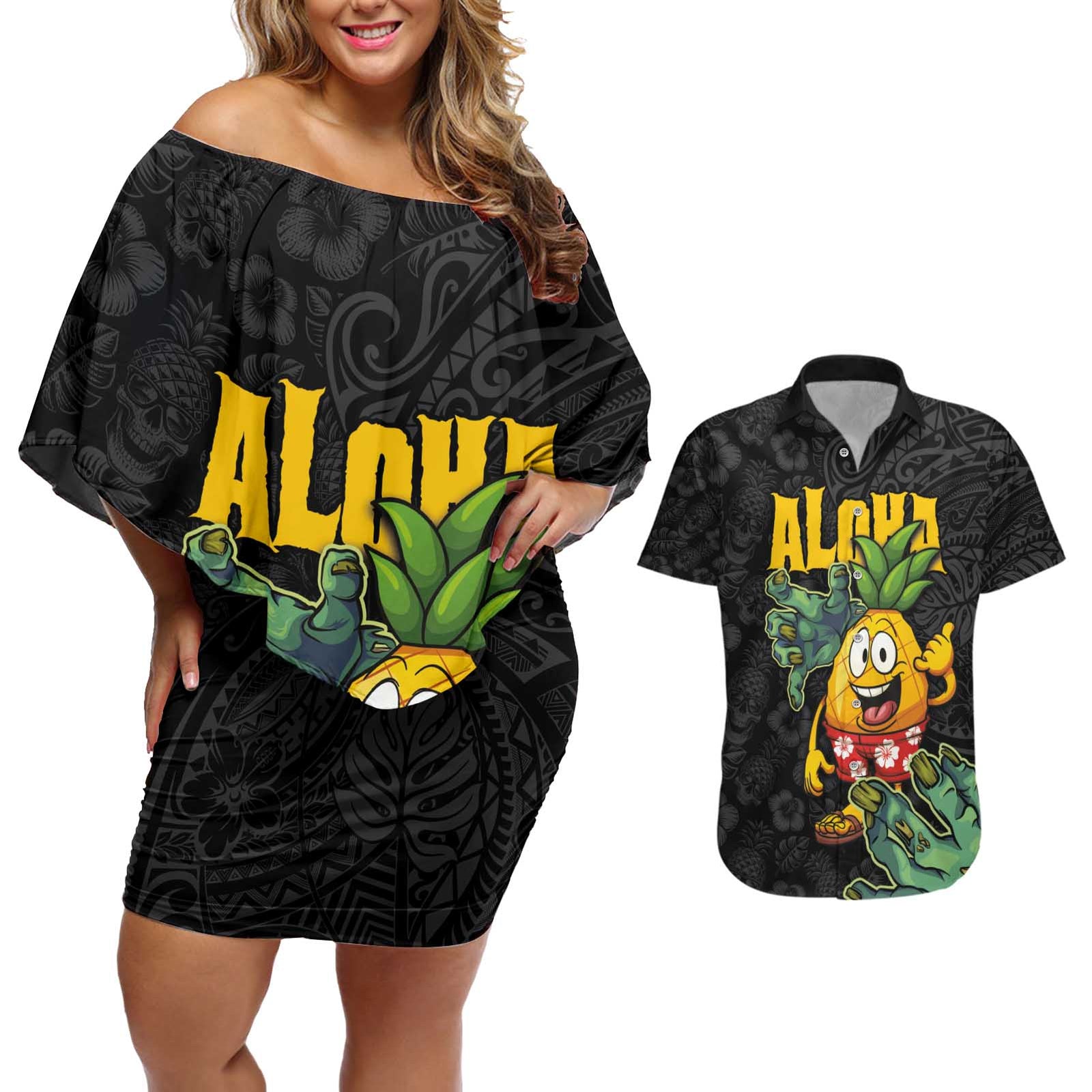 Hawaiian Halloween Couples Matching Off Shoulder Short Dress and Hawaiian Shirt Aloha Pinapple with Mysterious Hands and Polynesian Tribal Tattoo
