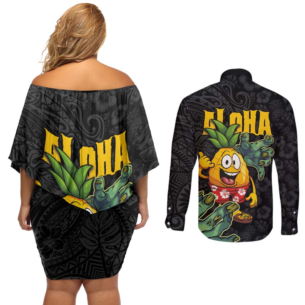 Hawaiian Halloween Couples Matching Off Shoulder Short Dress and Long Sleeve Button Shirt Aloha Pinapple with Mysterious Hands and Polynesian Tribal Tattoo