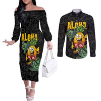 Hawaiian Halloween Couples Matching Off The Shoulder Long Sleeve Dress and Long Sleeve Button Shirt Aloha Pinapple with Mysterious Hands and Polynesian Tribal Tattoo