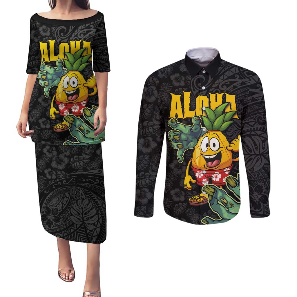 Hawaiian Halloween Couples Matching Puletasi and Long Sleeve Button Shirt Aloha Pinapple with Mysterious Hands and Polynesian Tribal Tattoo