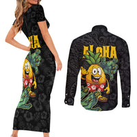 Hawaiian Halloween Couples Matching Short Sleeve Bodycon Dress and Long Sleeve Button Shirt Aloha Pinapple with Mysterious Hands and Polynesian Tribal Tattoo