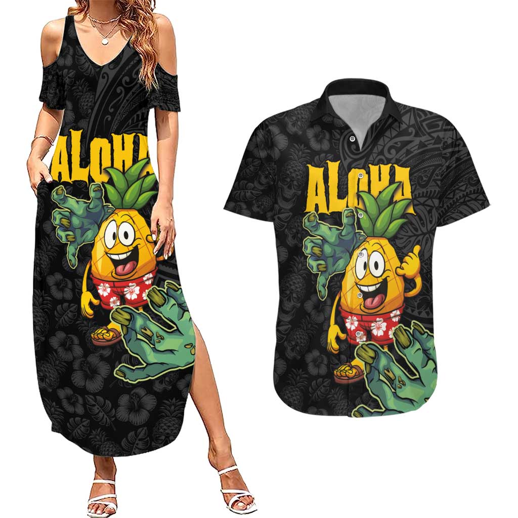 Hawaiian Halloween Couples Matching Summer Maxi Dress and Hawaiian Shirt Aloha Pinapple with Mysterious Hands and Polynesian Tribal Tattoo