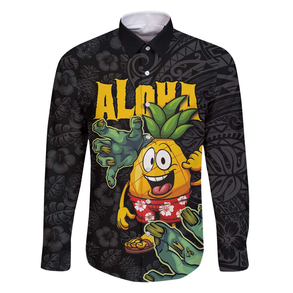 Hawaiian Halloween Family Matching Long Sleeve Bodycon Dress and Hawaiian Shirt Aloha Pinapple with Mysterious Hands and Polynesian Tribal Tattoo LT03 Dad's Shirt - Long Sleeve Black - Polynesian Pride