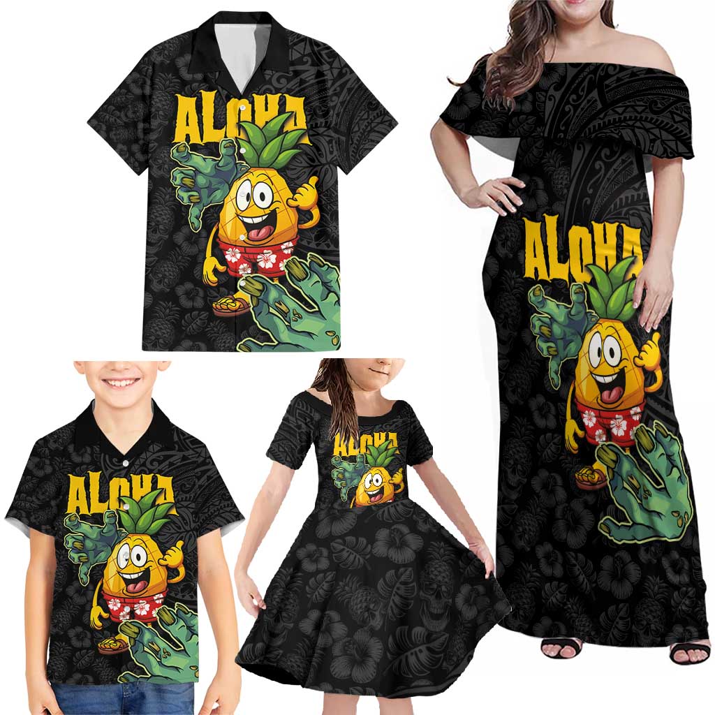 Hawaiian Halloween Family Matching Off Shoulder Maxi Dress and Hawaiian Shirt Aloha Pinapple with Mysterious Hands and Polynesian Tribal Tattoo LT03 - Polynesian Pride