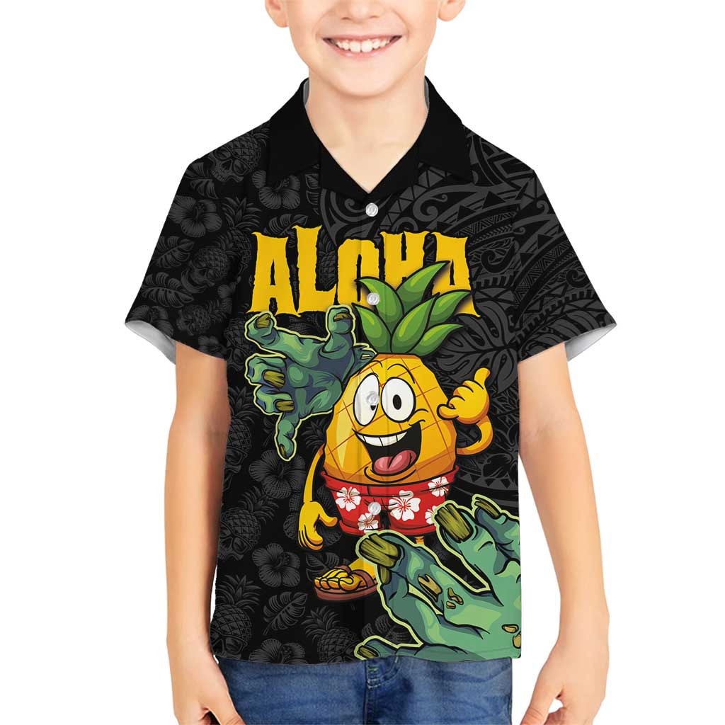 Hawaiian Halloween Family Matching Off Shoulder Maxi Dress and Hawaiian Shirt Aloha Pinapple with Mysterious Hands and Polynesian Tribal Tattoo LT03 Son's Shirt Black - Polynesian Pride