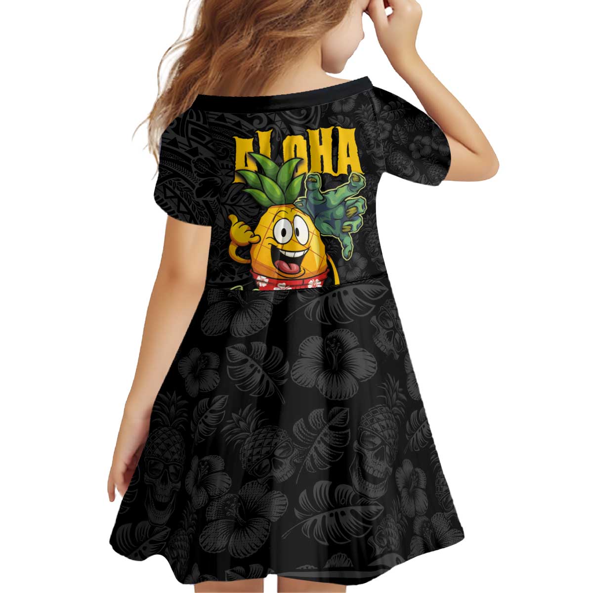 Hawaiian Halloween Family Matching Off Shoulder Short Dress and Hawaiian Shirt Aloha Pinapple with Mysterious Hands and Polynesian Tribal Tattoo LT03 - Polynesian Pride