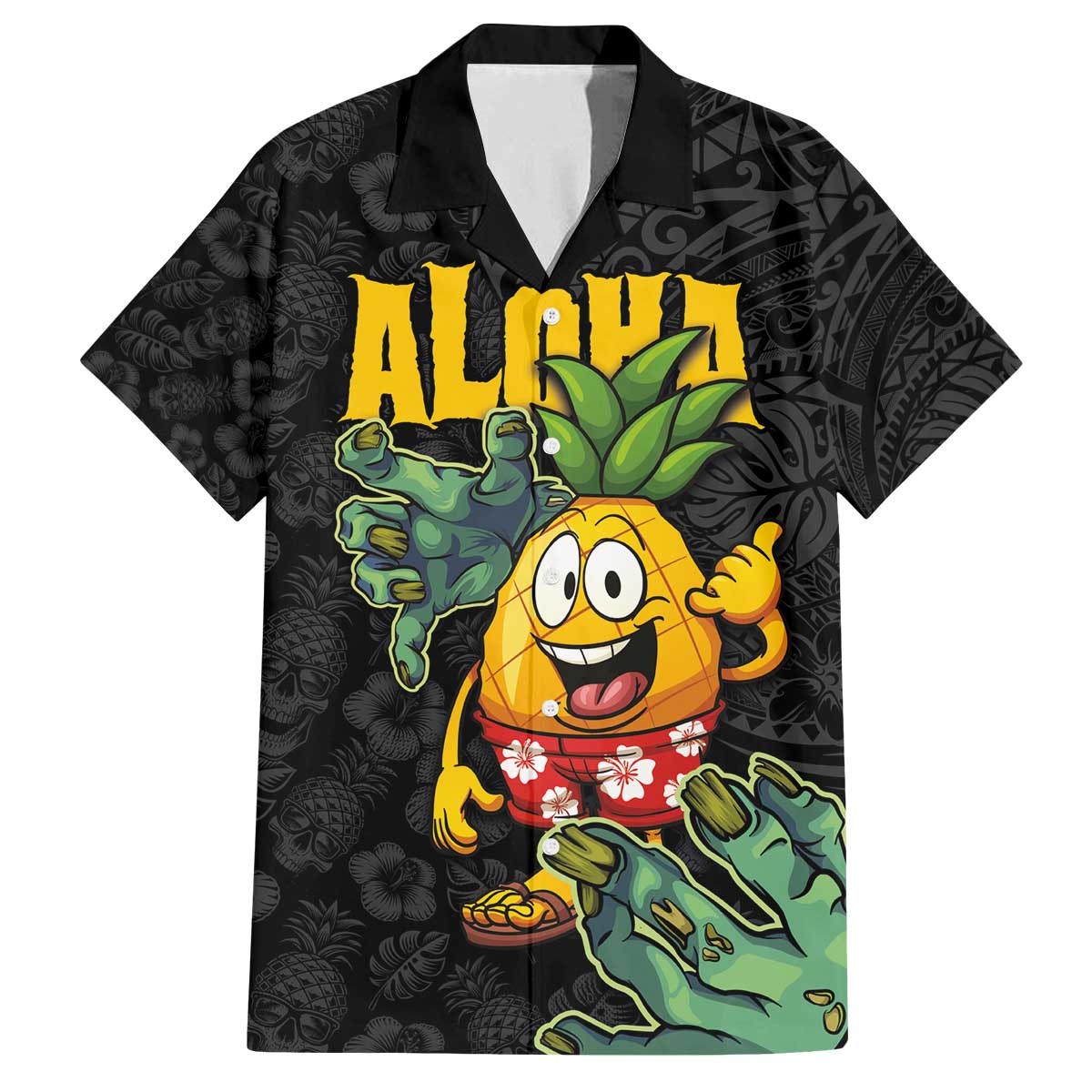 Hawaiian Halloween Family Matching Off Shoulder Short Dress and Hawaiian Shirt Aloha Pinapple with Mysterious Hands and Polynesian Tribal Tattoo LT03 Dad's Shirt - Short Sleeve Black - Polynesian Pride