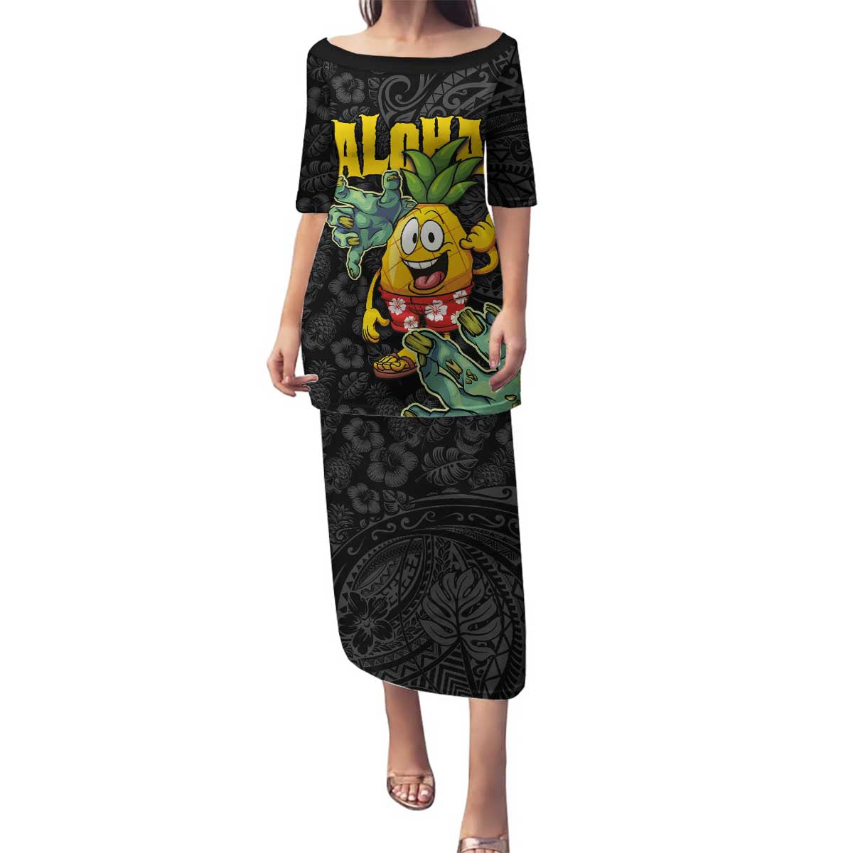 Hawaiian Halloween Family Matching Puletasi and Hawaiian Shirt Aloha Pinapple with Mysterious Hands and Polynesian Tribal Tattoo LT03 Mom's Dress Black - Polynesian Pride