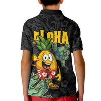 Hawaiian Halloween Kid Polo Shirt Aloha Pinapple with Mysterious Hands and Polynesian Tribal Tattoo