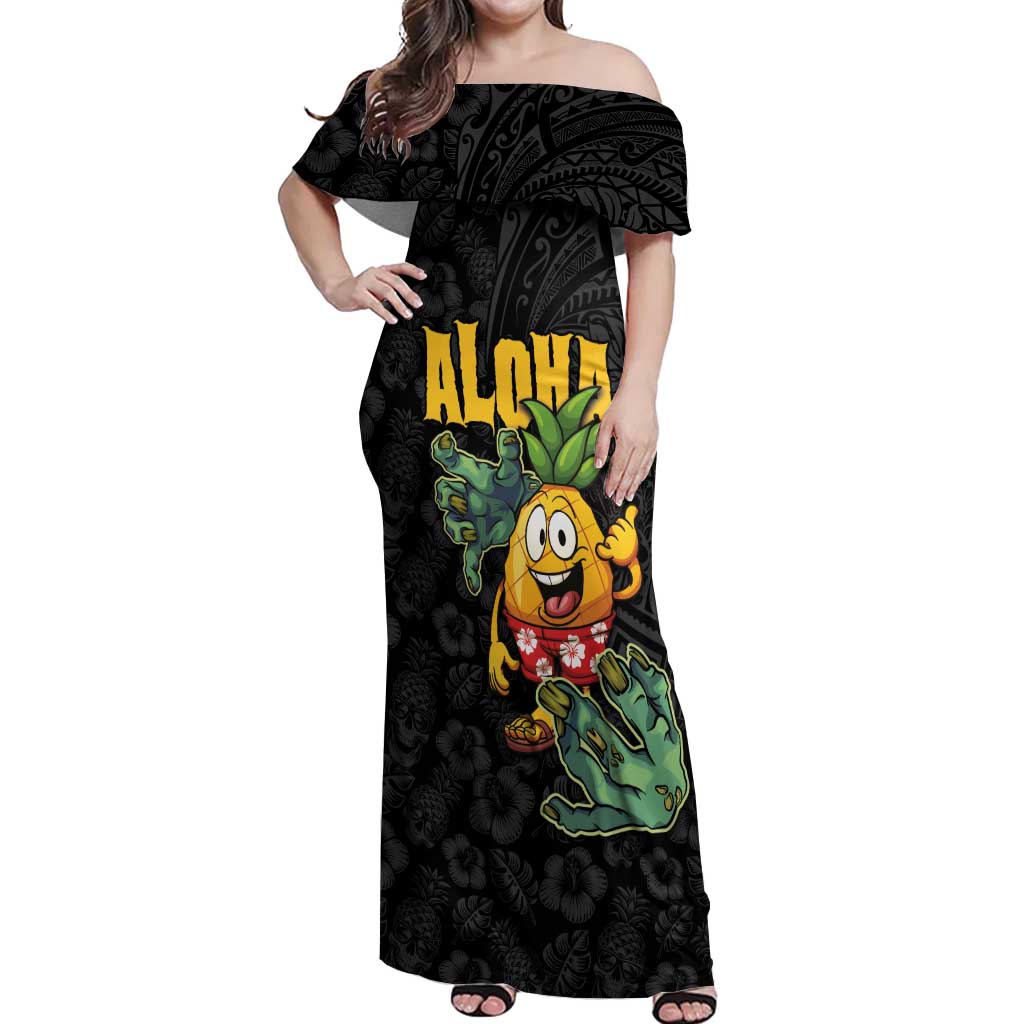 Hawaiian Halloween Off Shoulder Maxi Dress Aloha Pinapple with Mysterious Hands and Polynesian Tribal Tattoo