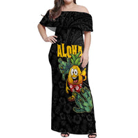 Hawaiian Halloween Off Shoulder Maxi Dress Aloha Pinapple with Mysterious Hands and Polynesian Tribal Tattoo
