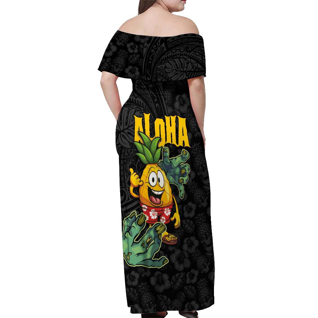 Hawaiian Halloween Off Shoulder Maxi Dress Aloha Pinapple with Mysterious Hands and Polynesian Tribal Tattoo