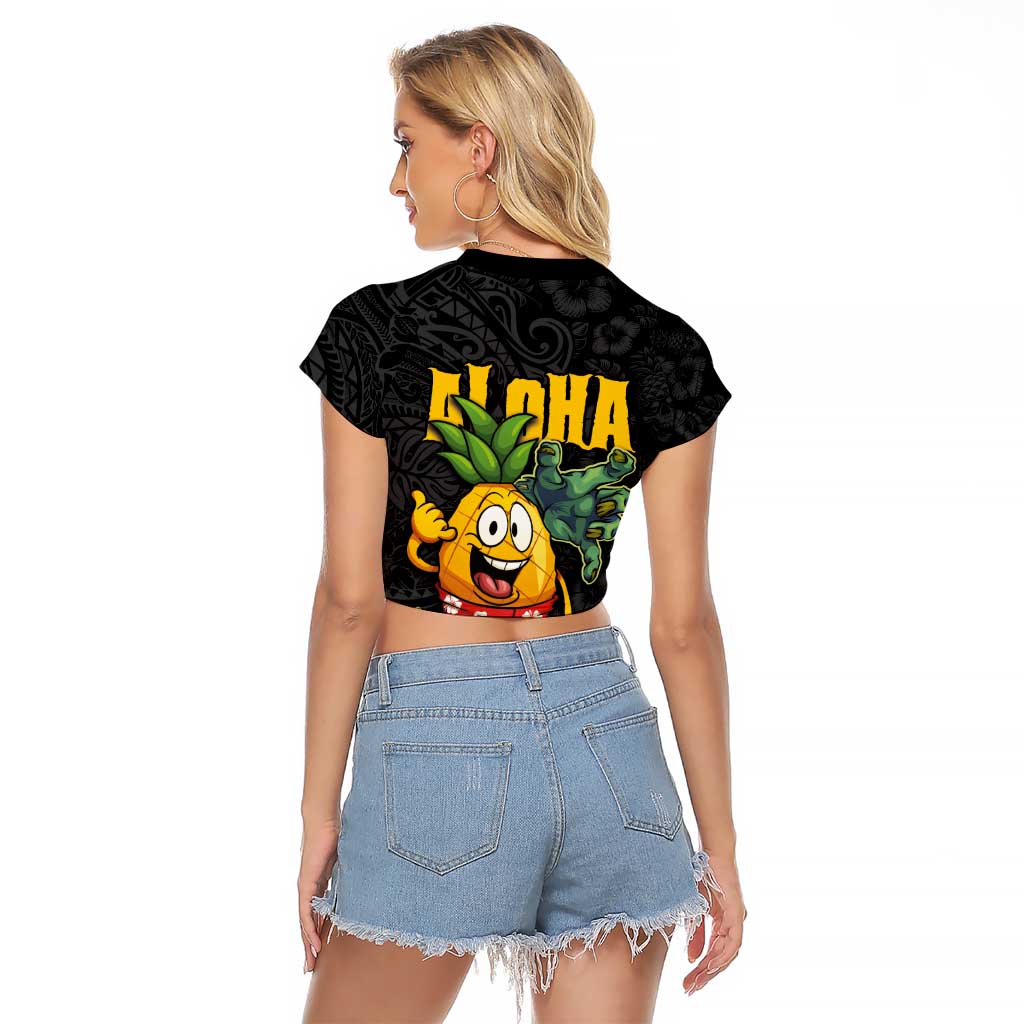 Hawaiian Halloween Raglan Cropped T Shirt Aloha Pinapple with Mysterious Hands and Polynesian Tribal Tattoo