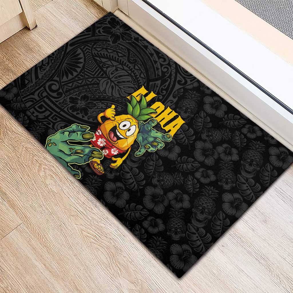 Hawaiian Halloween Rubber Doormat Aloha Pinapple with Mysterious Hands and Polynesian Tribal Tattoo