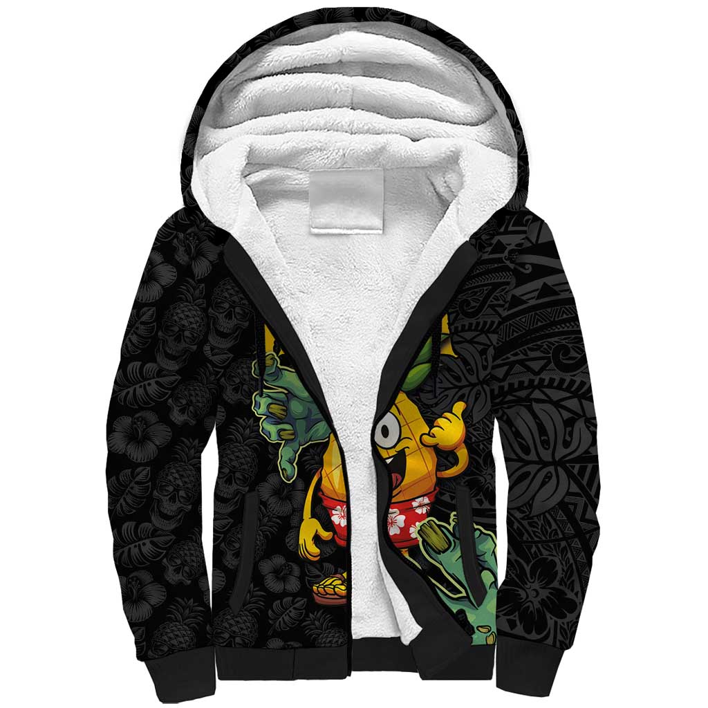 Hawaiian Halloween Sherpa Hoodie Aloha Pinapple with Mysterious Hands and Polynesian Tribal Tattoo