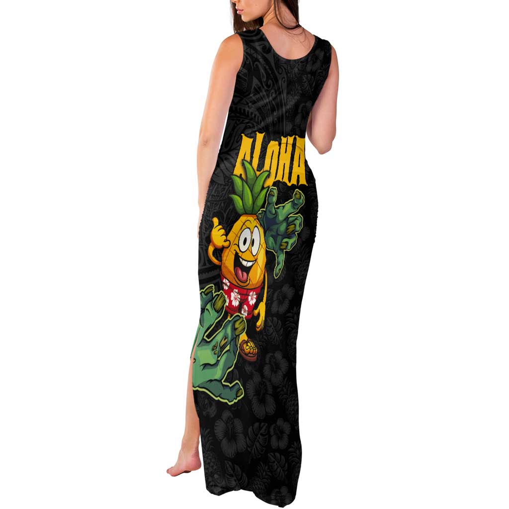 Hawaiian Halloween Tank Maxi Dress Aloha Pinapple with Mysterious Hands and Polynesian Tribal Tattoo