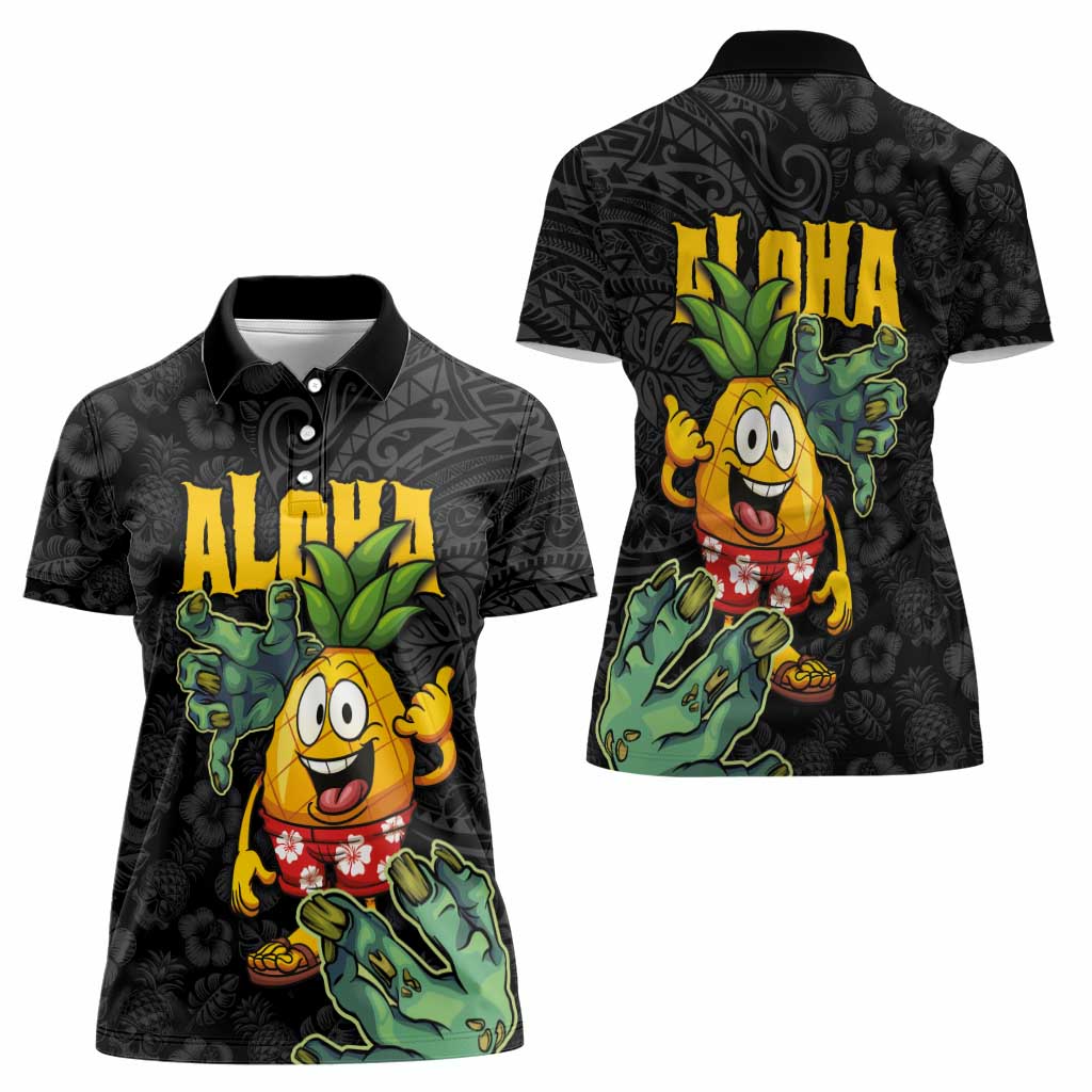 Hawaiian Halloween Women Polo Shirt Aloha Pinapple with Mysterious Hands and Polynesian Tribal Tattoo