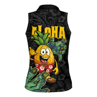 Hawaiian Halloween Women Sleeveless Polo Shirt Aloha Pinapple with Mysterious Hands and Polynesian Tribal Tattoo