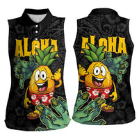 Hawaiian Halloween Women Sleeveless Polo Shirt Aloha Pinapple with Mysterious Hands and Polynesian Tribal Tattoo