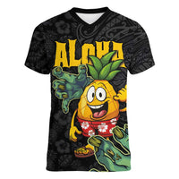 Hawaiian Halloween Women V-Neck T-Shirt Aloha Pinapple with Mysterious Hands and Polynesian Tribal Tattoo