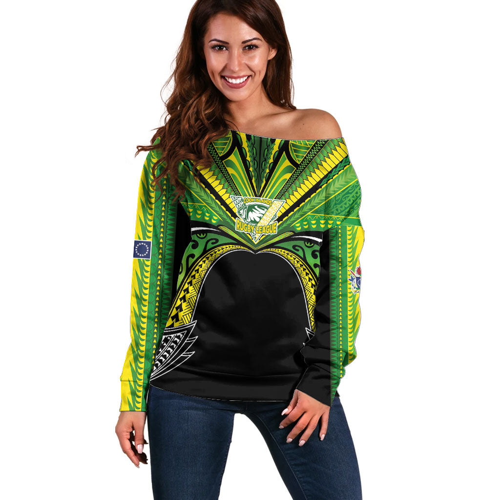Cook Islands Rugby League Custom Off Shoulder Sweater Polynesian and Tatau Tribal Art - Black Color LT03 Women Black - Polynesian Pride