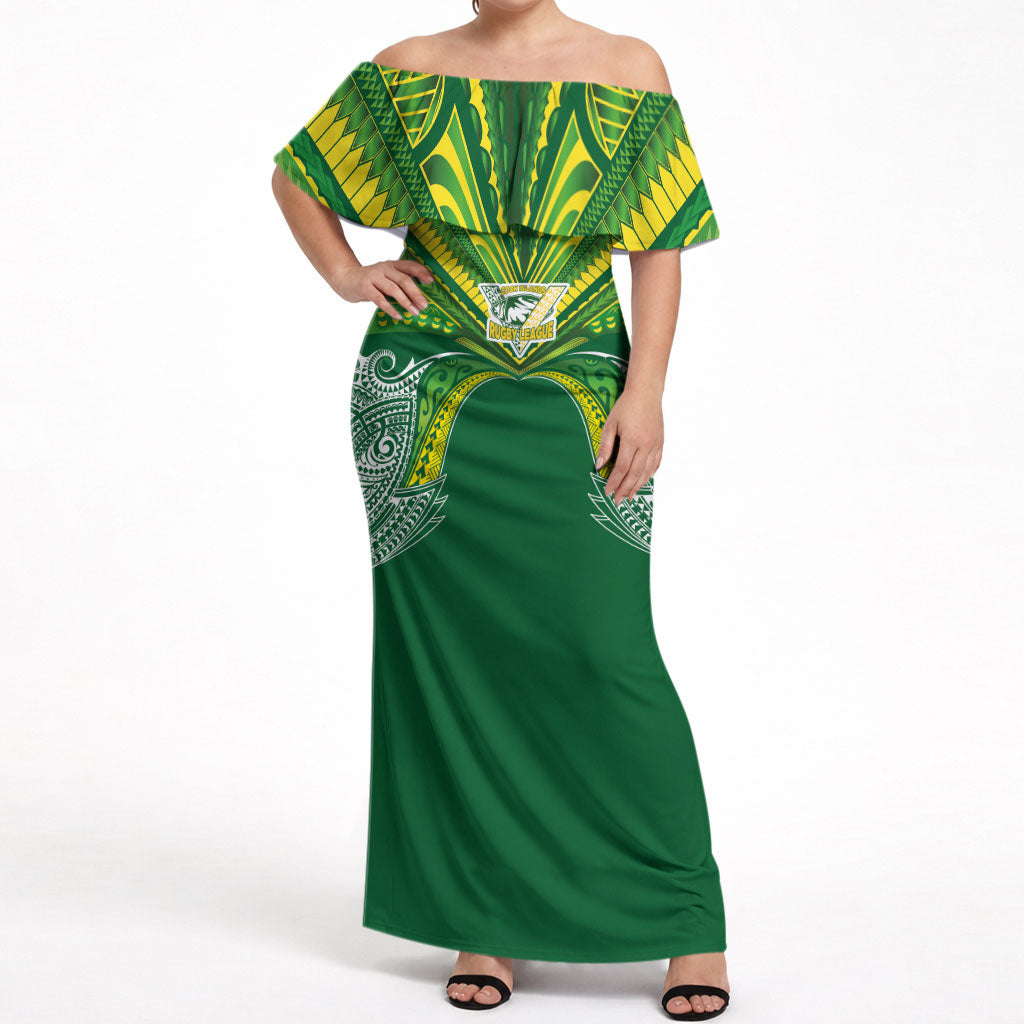 Cook Islands Rugby League Custom Off Shoulder Maxi Dress Polynesian and Tatau Tribal Art - Green Color LT03 Women Green - Polynesian Pride