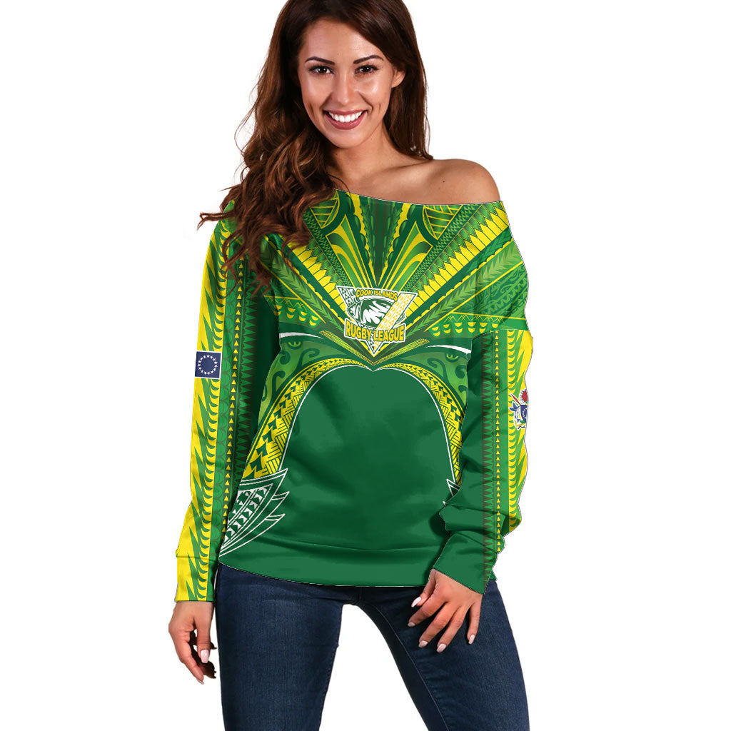 Cook Islands Rugby League Custom Off Shoulder Sweater Polynesian and Tatau Tribal Art - Green Color LT03 Women Green - Polynesian Pride