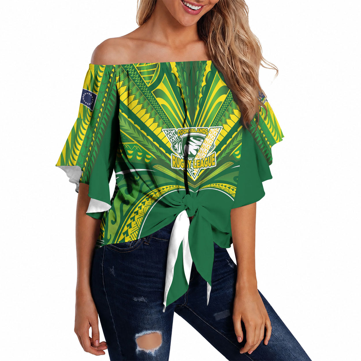 Cook Islands Rugby League Custom Off Shoulder Wrap Waist Top Polynesian and Tatau Tribal Art - Green Color