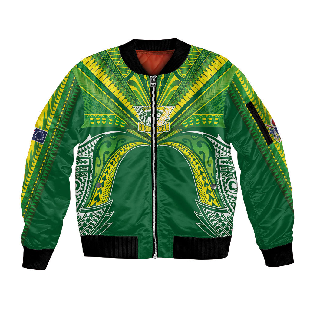 Cook Islands Rugby League Custom Sleeve Zip Bomber Jacket Polynesian and Tatau Tribal Art - Green Color LT03 Unisex Green - Polynesian Pride