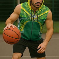 Cook Islands Rugby League Custom Sleeveless Zip Hoodie Polynesian and Tatau Tribal Art - Green Color LT03 - Polynesian Pride