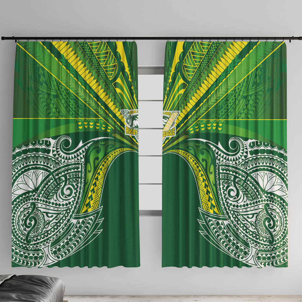 Cook Islands Rugby League Window Curtain Polynesian and Tatau Tribal Art - Green Color