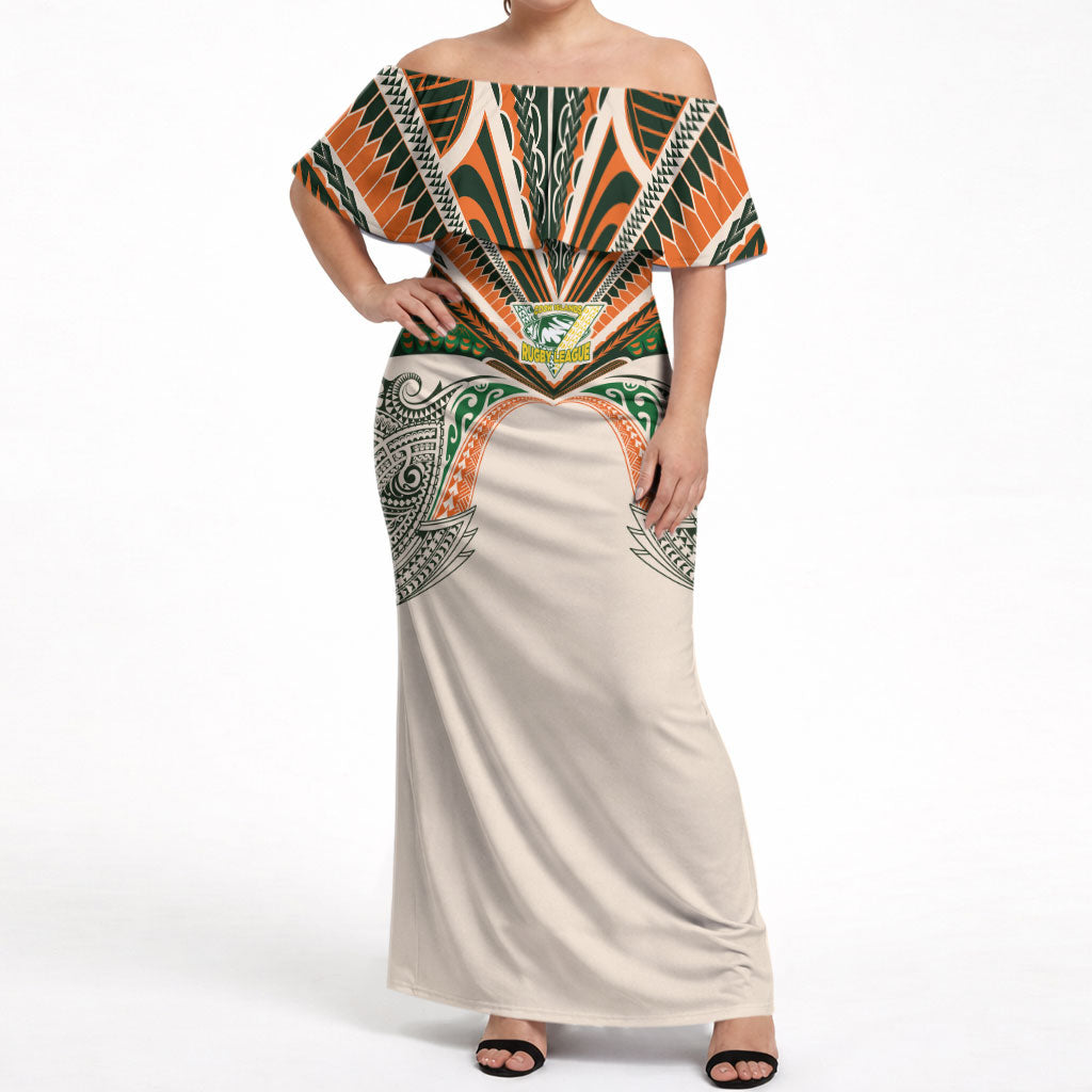 Cook Islands Rugby League Custom Off Shoulder Maxi Dress Polynesian and Tatau Tribal Art - Retro Palette