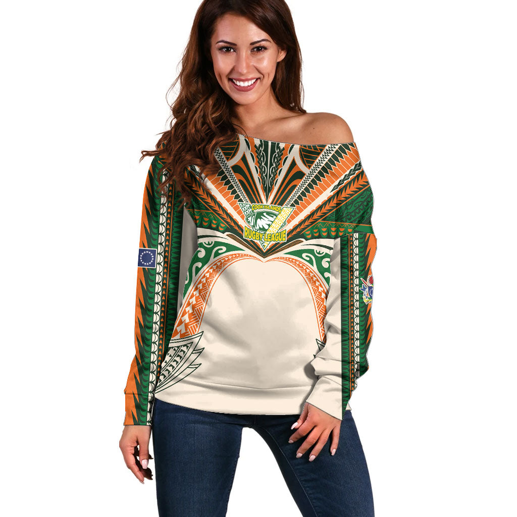 Cook Islands Rugby League Custom Off Shoulder Sweater Polynesian and Tatau Tribal Art - Retro Palette