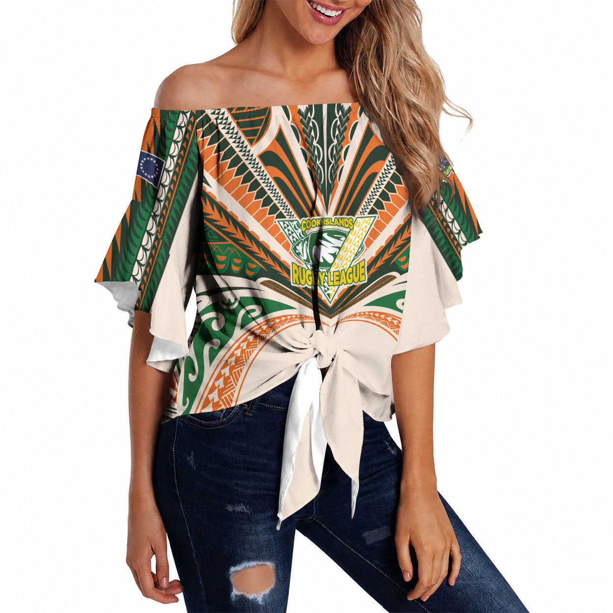 Cook Islands Rugby League Custom Off Shoulder Wrap Waist Top Polynesian and Tatau Tribal Art - Retro Palette